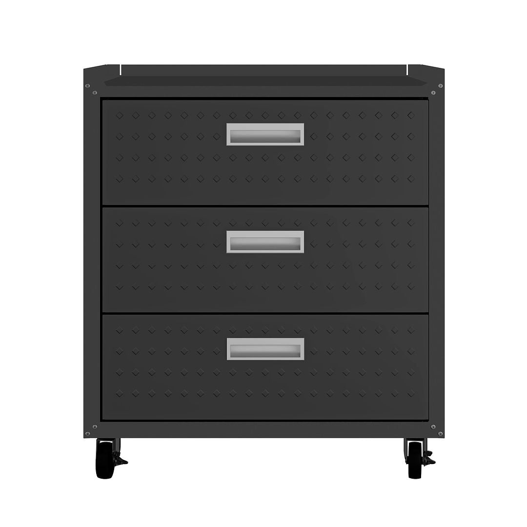 Manhattan Comfort Fortress Textured Metal 32" Garage Mobile Chest With 3 Full Extension Drawers In Charcoal Gray