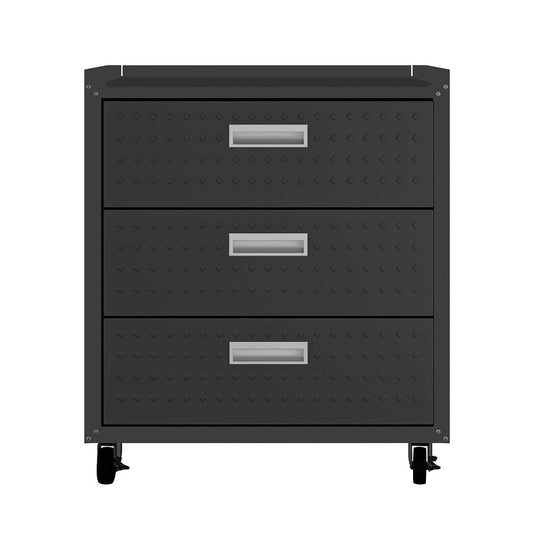 Manhattan Comfort Fortress Textured Metal 32" Garage Mobile Chest With 3 Full Extension Drawers In Charcoal Gray