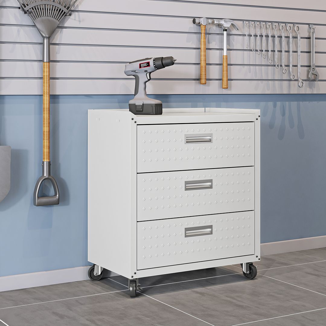 Manhattan Comfort Fortress Textured Metal 32" Garage Mobile Chest With 3 Full Extension Drawers In White