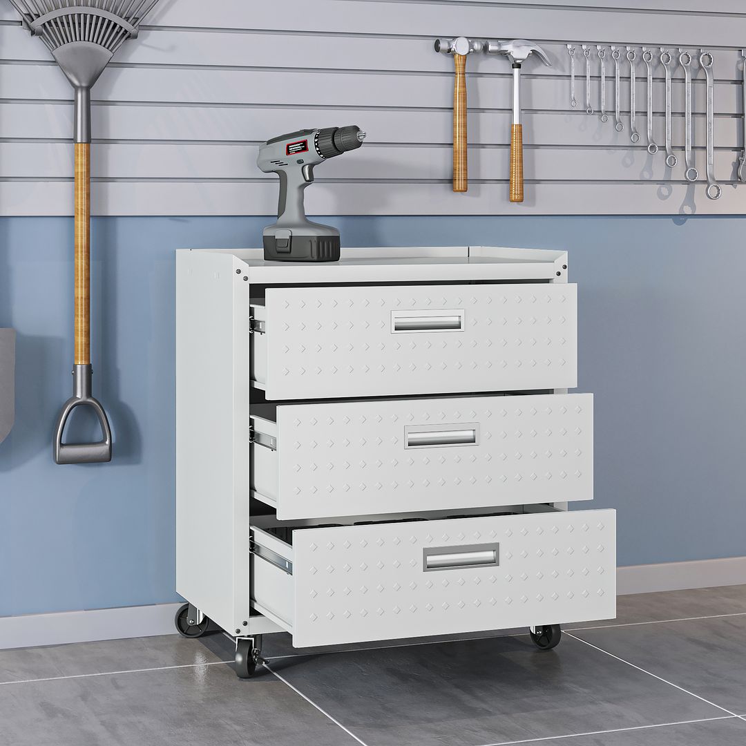 Manhattan Comfort Fortress Textured Metal 32" Garage Mobile Chest With 3 Full Extension Drawers In White