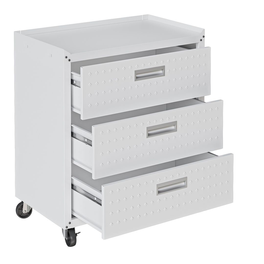 Manhattan Comfort Fortress Textured Metal 32" Garage Mobile Chest With 3 Full Extension Drawers In White