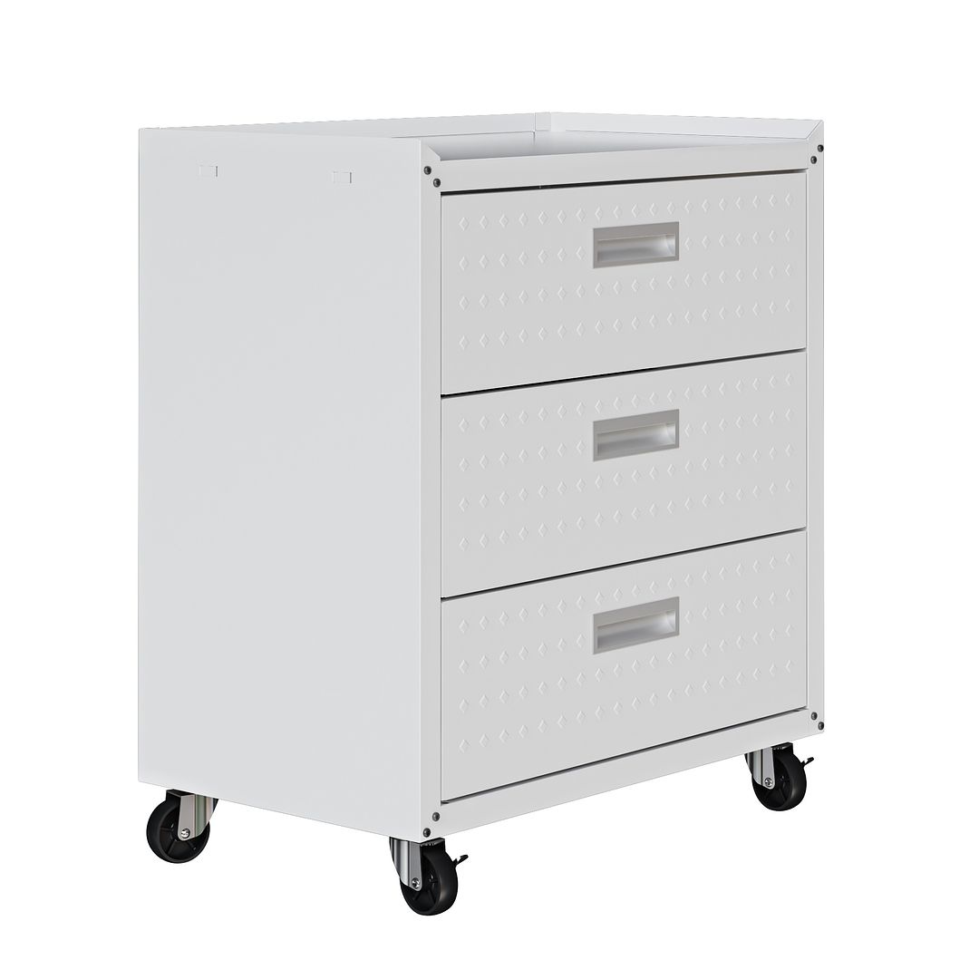 Manhattan Comfort Fortress Textured Metal 32" Garage Mobile Chest With 3 Full Extension Drawers In White