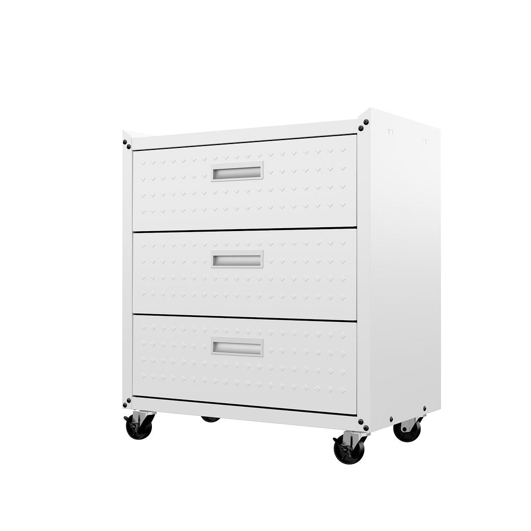 Manhattan Comfort Fortress Textured Metal 32" Garage Mobile Chest With 3 Full Extension Drawers In White