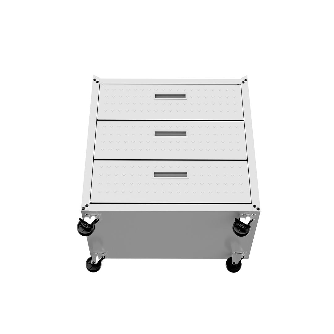 Manhattan Comfort Fortress Textured Metal 32" Garage Mobile Chest With 3 Full Extension Drawers In White