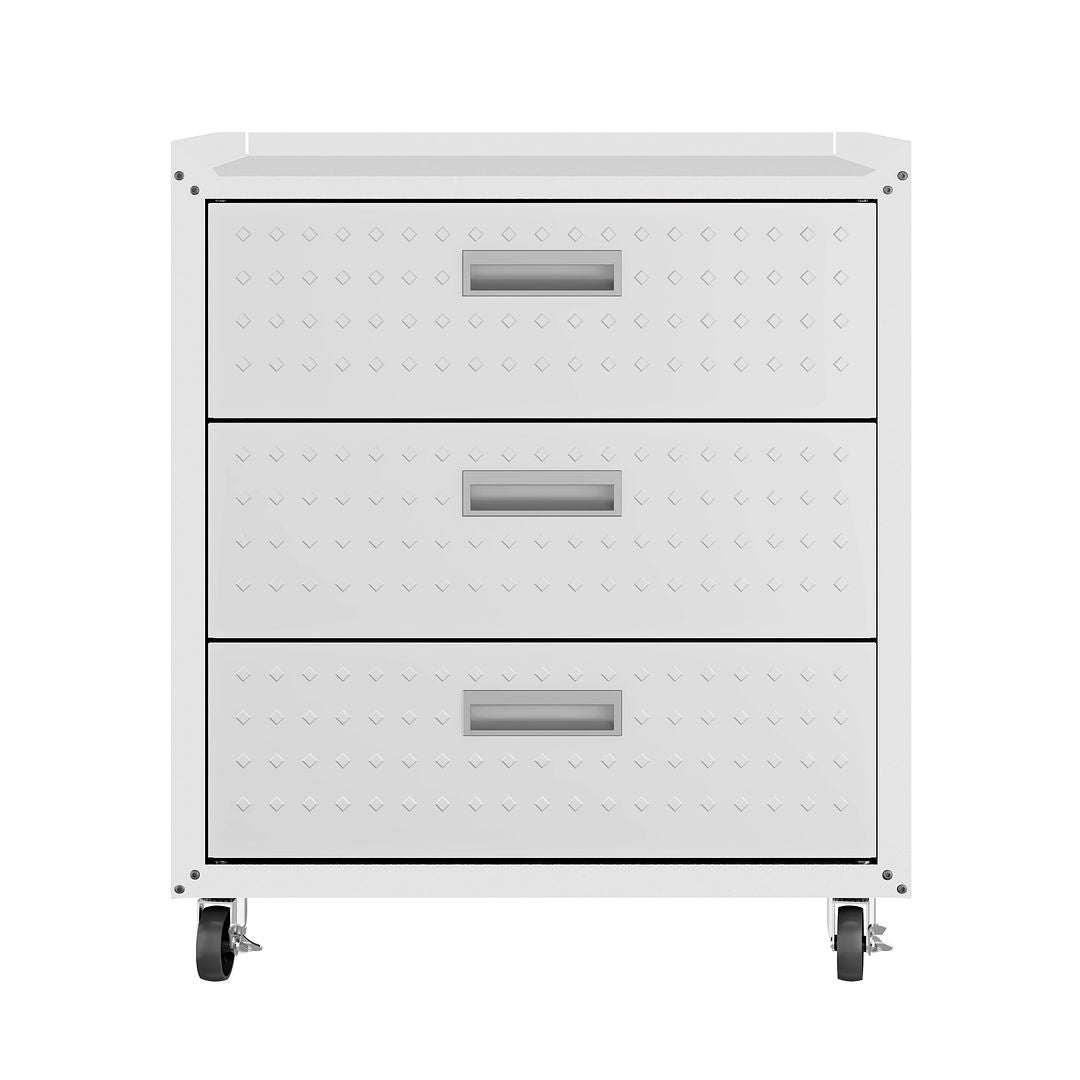 Manhattan Comfort Fortress Textured Metal 32" Garage Mobile Chest With 3 Full Extension Drawers In White