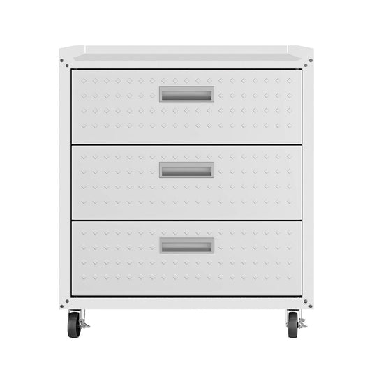 Manhattan Comfort Fortress Textured Metal 32" Garage Mobile Chest With 3 Full Extension Drawers In White