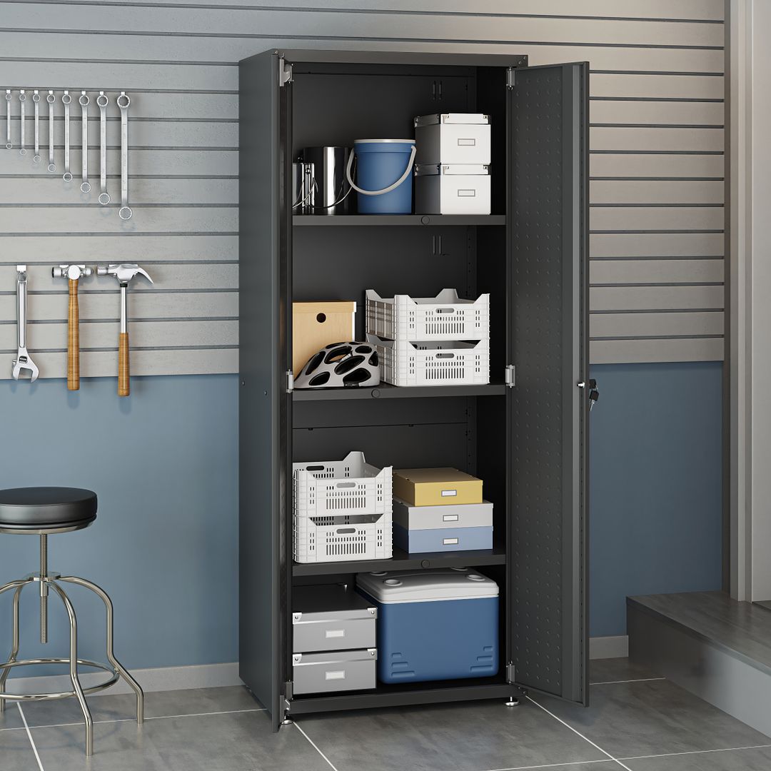 Manhattan Comfort Fortress Textured Metal 75" Garage Cabinet With 4 Adjustable Shelves In Charcoal Gray