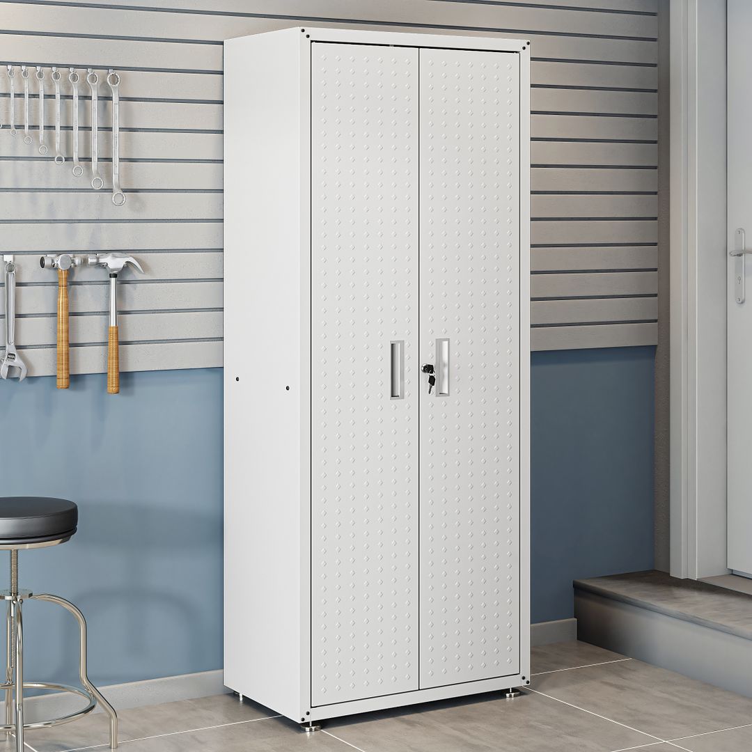 Manhattan Comfort Fortress Textured Metal 75" Garage Cabinet With 4 Adjustable Shelves In White