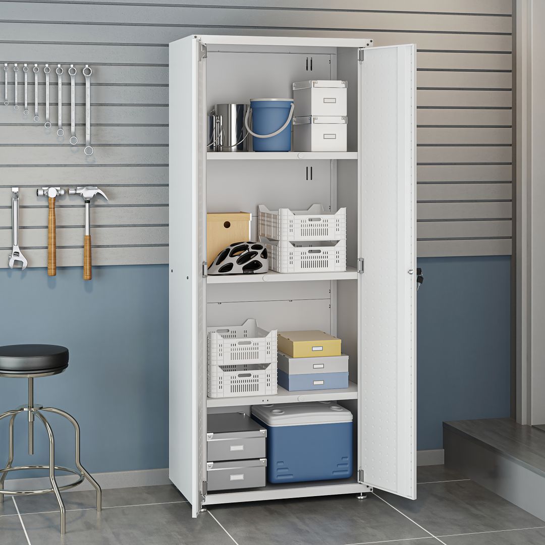 Manhattan Comfort Fortress Textured Metal 75" Garage Cabinet With 4 Adjustable Shelves In White