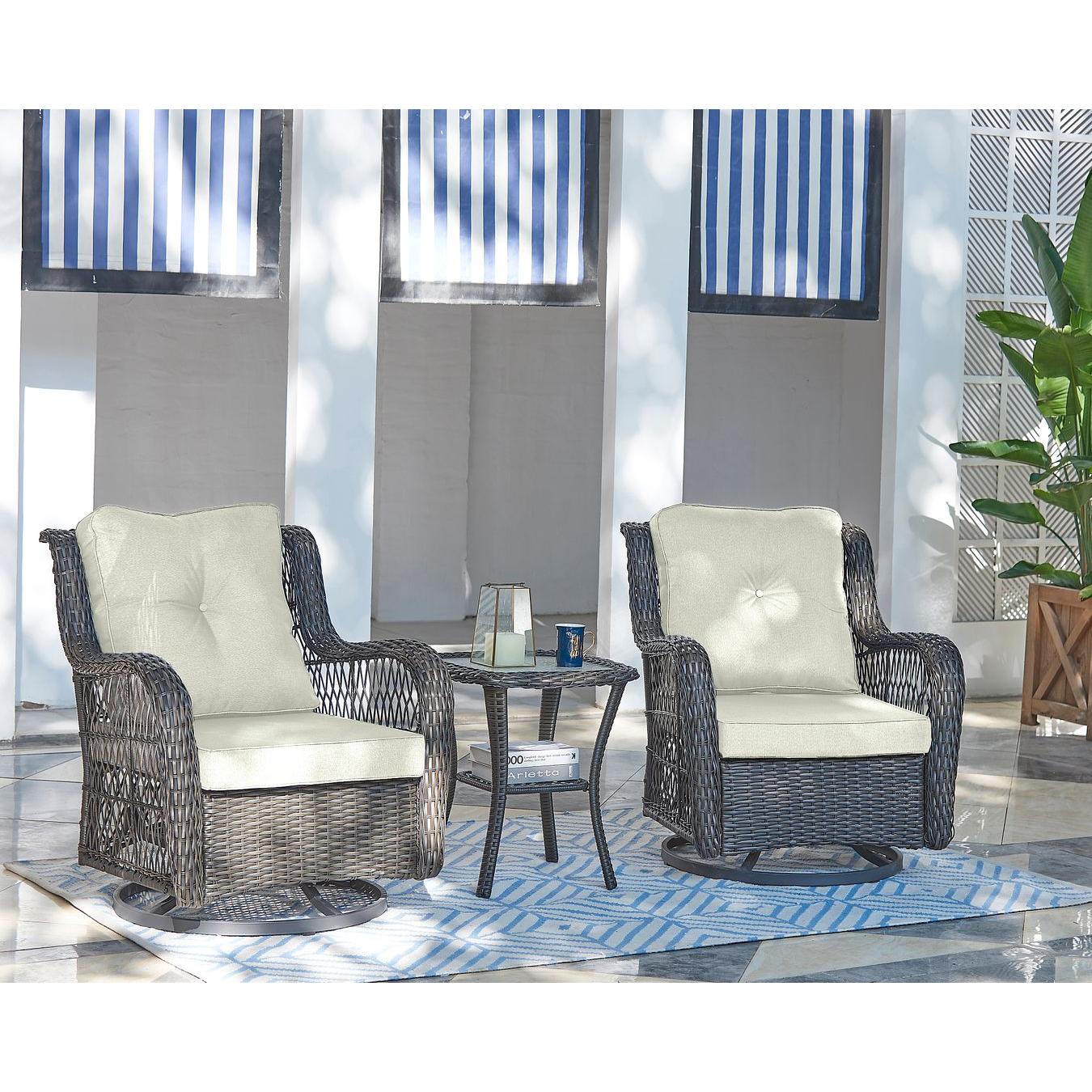 Manhattan Comfort Fruttuo Swivel Steel Rattan 3-Piece Patio Conversation Set With Cushions In Cream