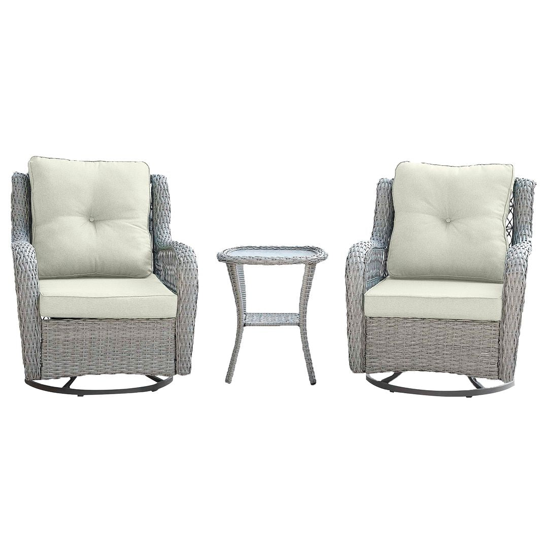 Manhattan Comfort Fruttuo Swivel Steel Rattan 3-Piece Patio Conversation Set With Cushions In Cream
