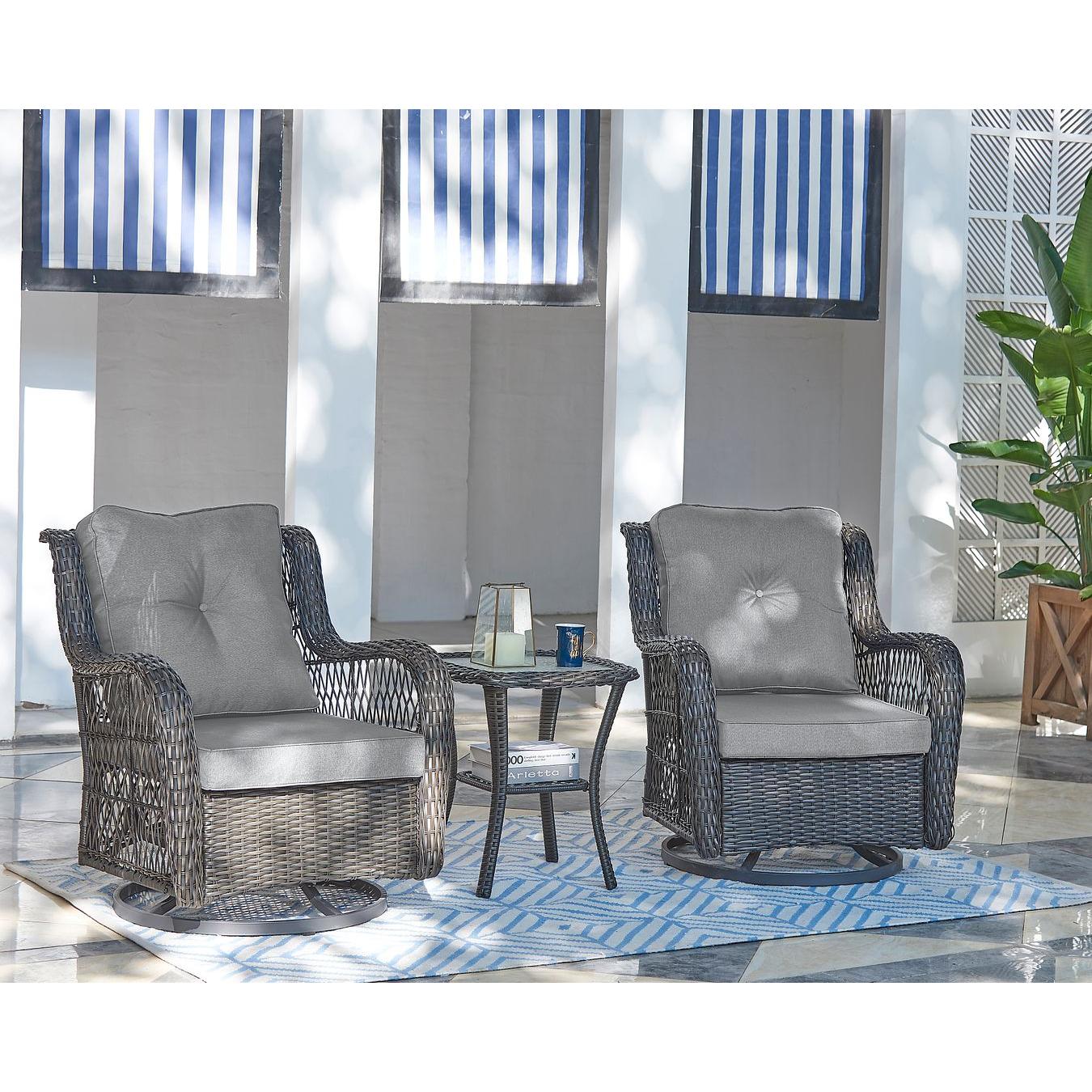 Manhattan Comfort Fruttuo Swivel Steel Rattan 3-Piece Patio Conversation Set With Cushions In Gray