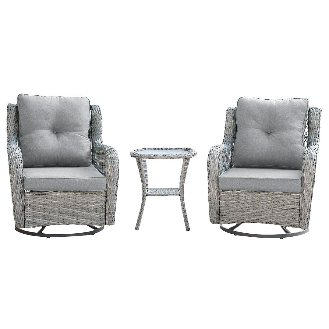 Manhattan Comfort Fruttuo Swivel Steel Rattan 3-Piece Patio Conversation Set With Cushions In Gray