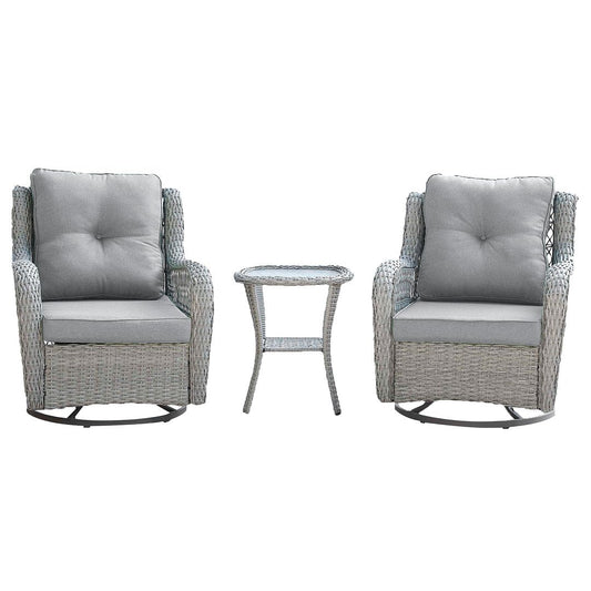 Manhattan Comfort Fruttuo Swivel Steel Rattan 3-Piece Patio Conversation Set With Cushions In Gray
