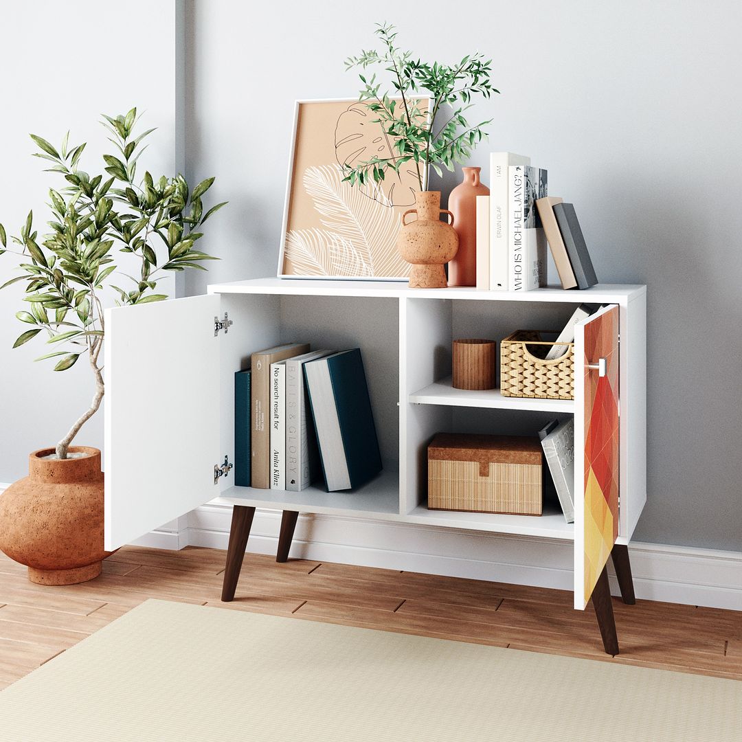 Manhattan Comfort Funky Avesta Side Table 2.0 With 3 Shelves In A White Frame With A Colorful Stamp Door