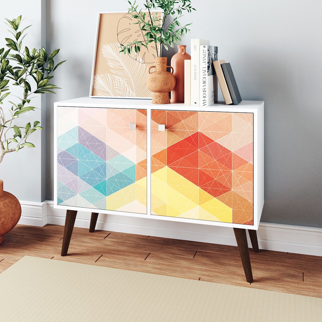 Manhattan Comfort Funky Avesta Side Table 2.0 With 3 Shelves In A White Frame With A Colorful Stamp Door