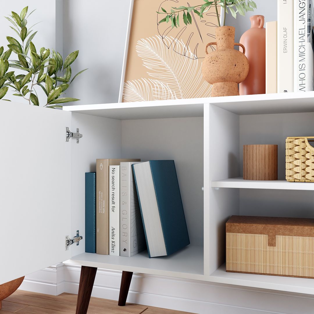 Manhattan Comfort Funky Avesta Side Table 2.0 With 3 Shelves In A White Frame With A Colorful Stamp Door