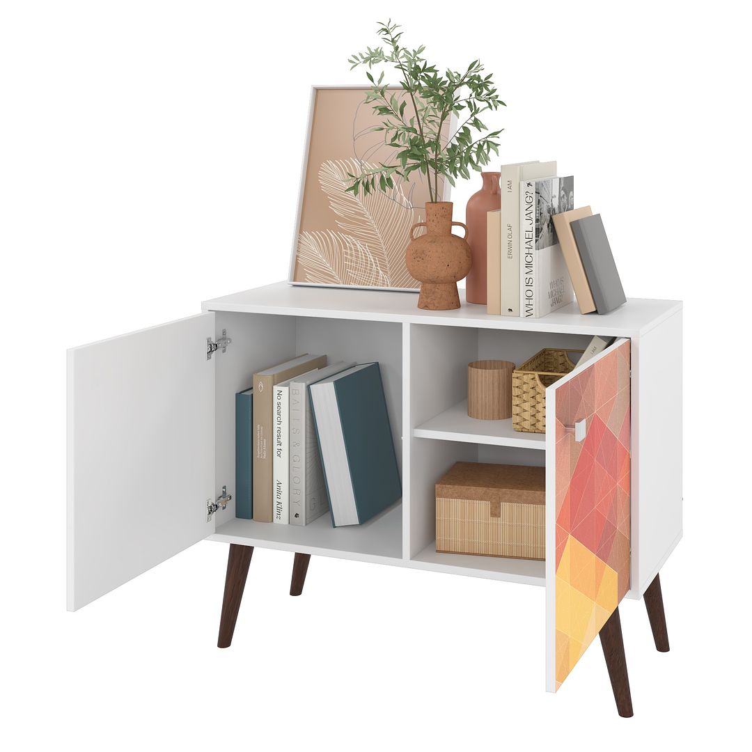 Manhattan Comfort Funky Avesta Side Table 2.0 With 3 Shelves In A White Frame With A Colorful Stamp Door
