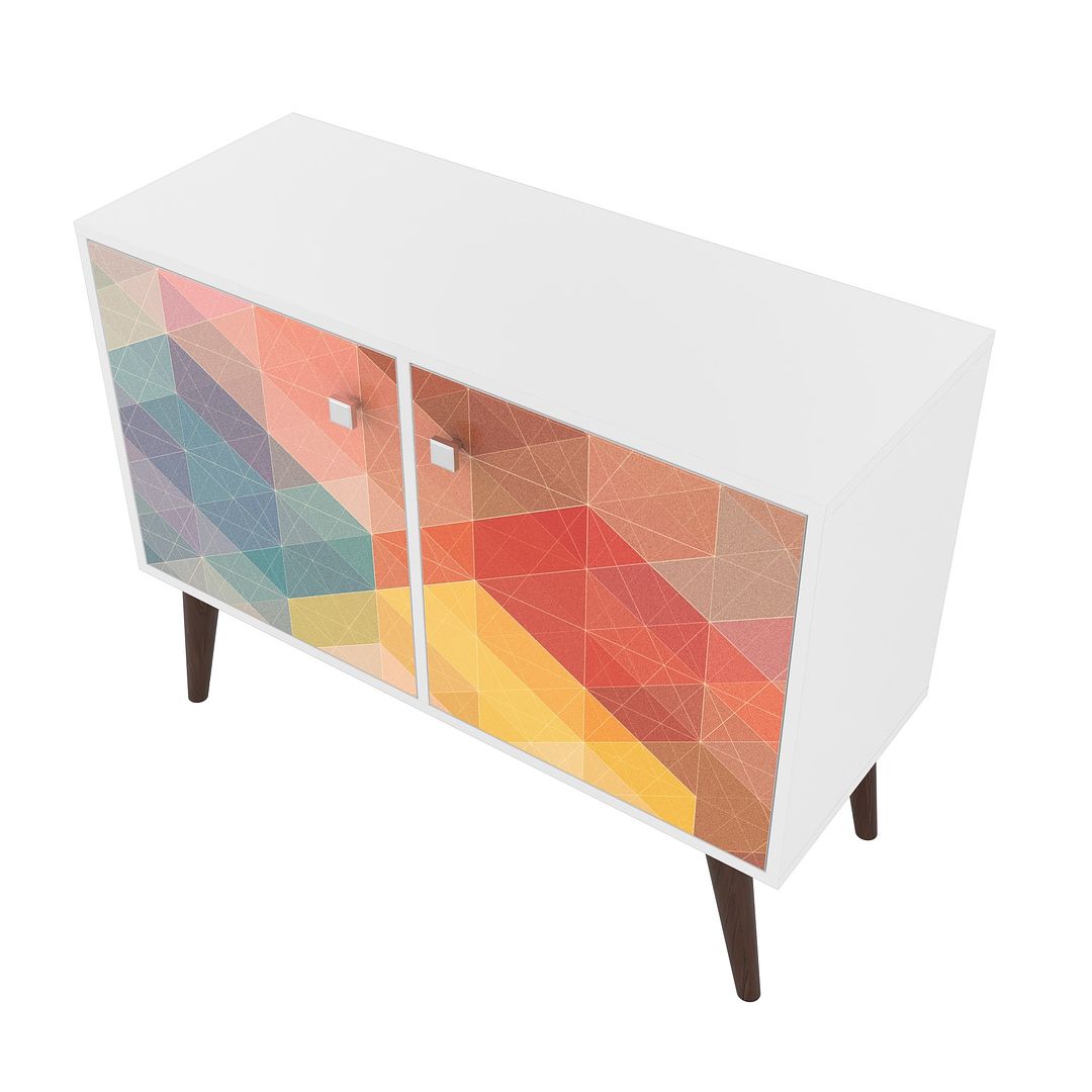 Manhattan Comfort Funky Avesta Side Table 2.0 With 3 Shelves In A White Frame With A Colorful Stamp Door