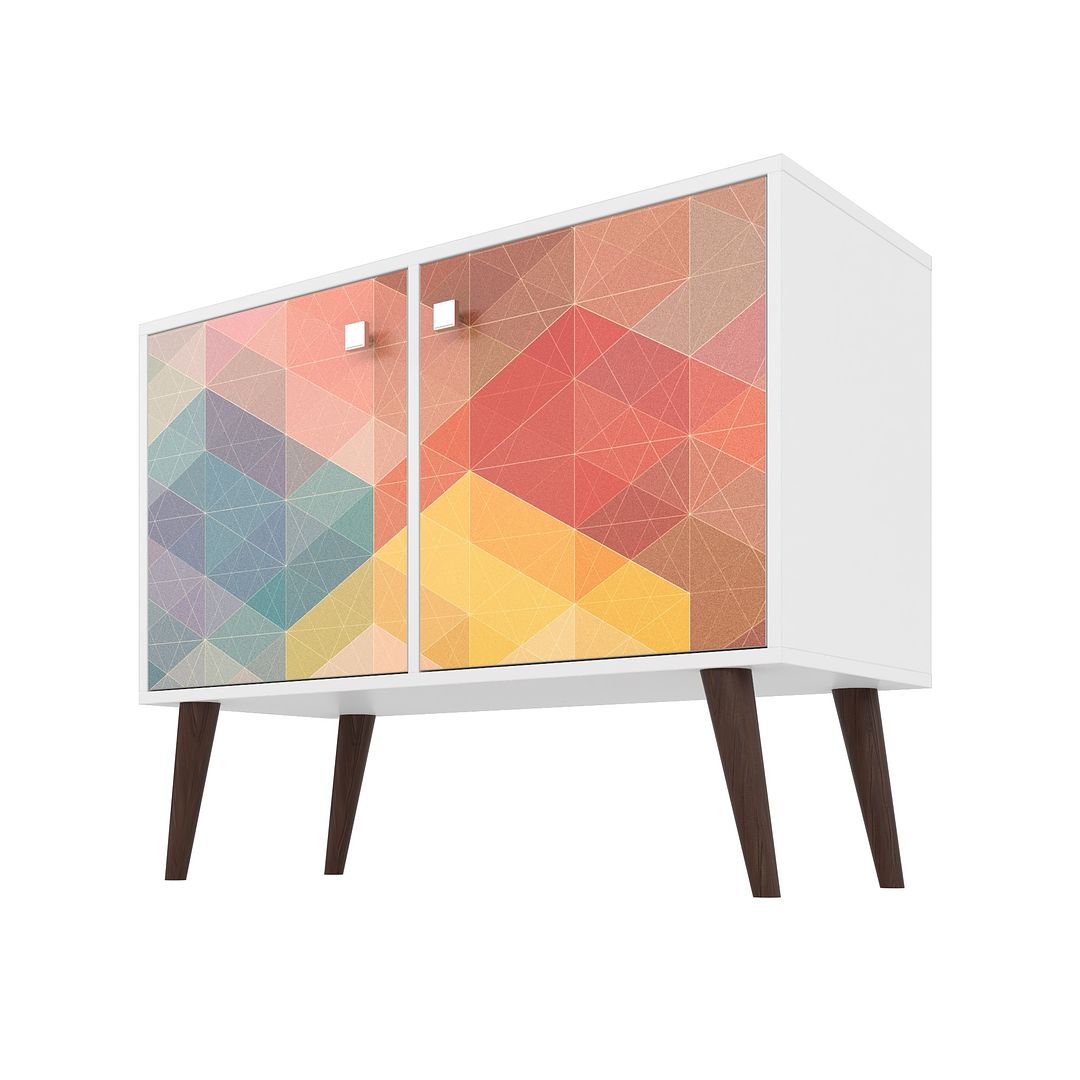 Manhattan Comfort Funky Avesta Side Table 2.0 With 3 Shelves In A White Frame With A Colorful Stamp Door