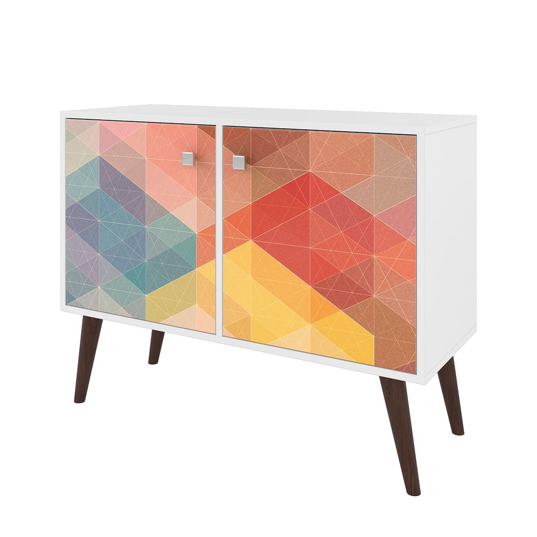 Manhattan Comfort Funky Avesta Side Table 2.0 With 3 Shelves In A White Frame With A Colorful Stamp Door
