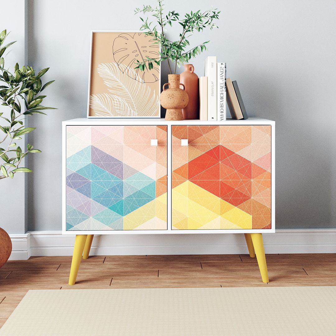 Manhattan Comfort Funky Avesta Side Table 2.0 With 3 Shelves In A White Frame With A Colorful Stamp Door & Yellow Feet