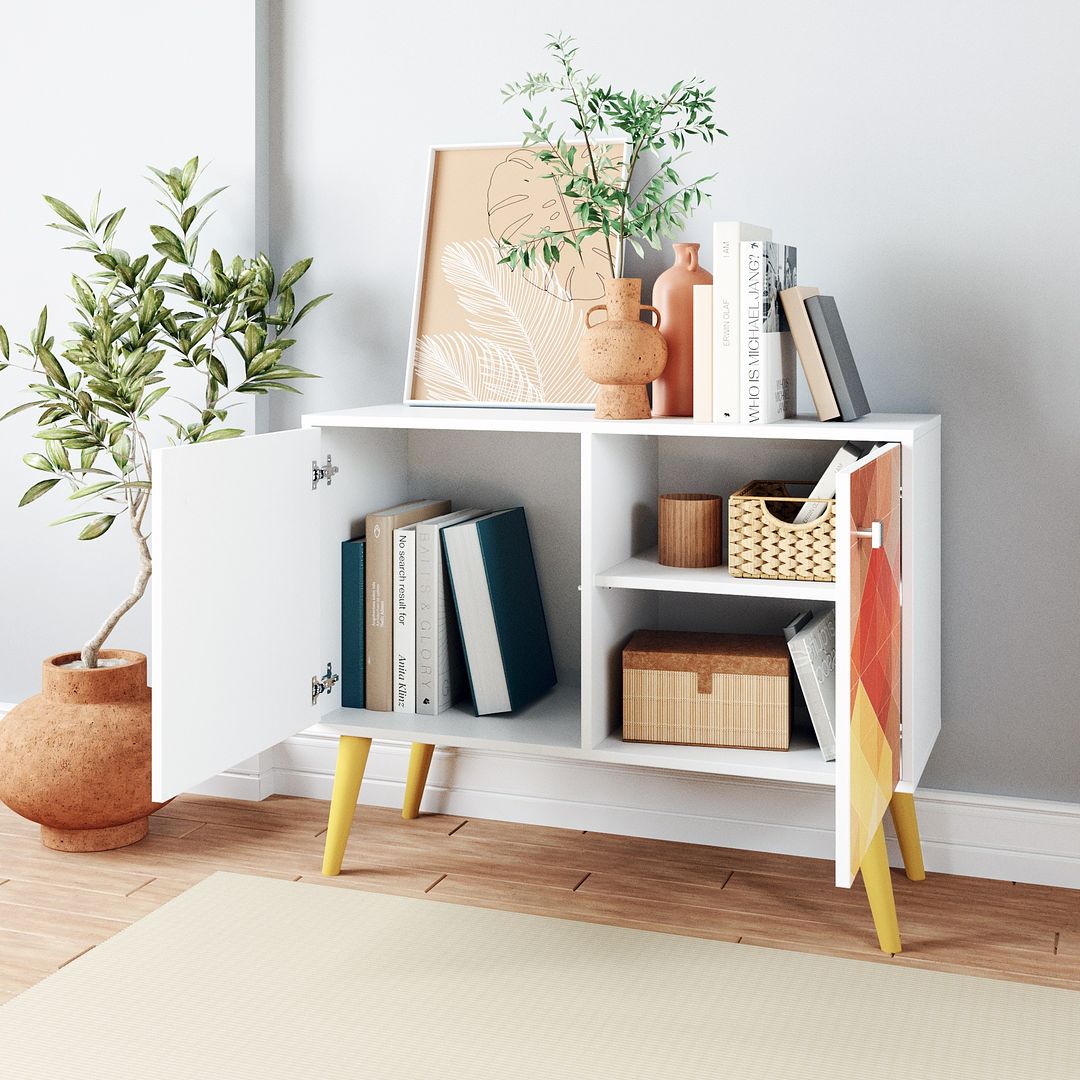 Manhattan Comfort Funky Avesta Side Table 2.0 With 3 Shelves In A White Frame With A Colorful Stamp Door & Yellow Feet