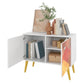 Manhattan Comfort Funky Avesta Side Table 2.0 With 3 Shelves In A White Frame With A Colorful Stamp Door & Yellow Feet