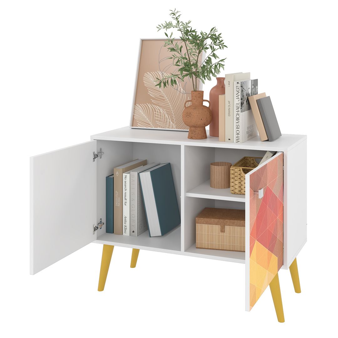 Manhattan Comfort Funky Avesta Side Table 2.0 With 3 Shelves In A White Frame With A Colorful Stamp Door & Yellow Feet
