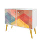 Manhattan Comfort Funky Avesta Side Table 2.0 With 3 Shelves In A White Frame With A Colorful Stamp Door & Yellow Feet