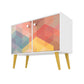 Manhattan Comfort Funky Avesta Side Table 2.0 With 3 Shelves In A White Frame With A Colorful Stamp Door & Yellow Feet