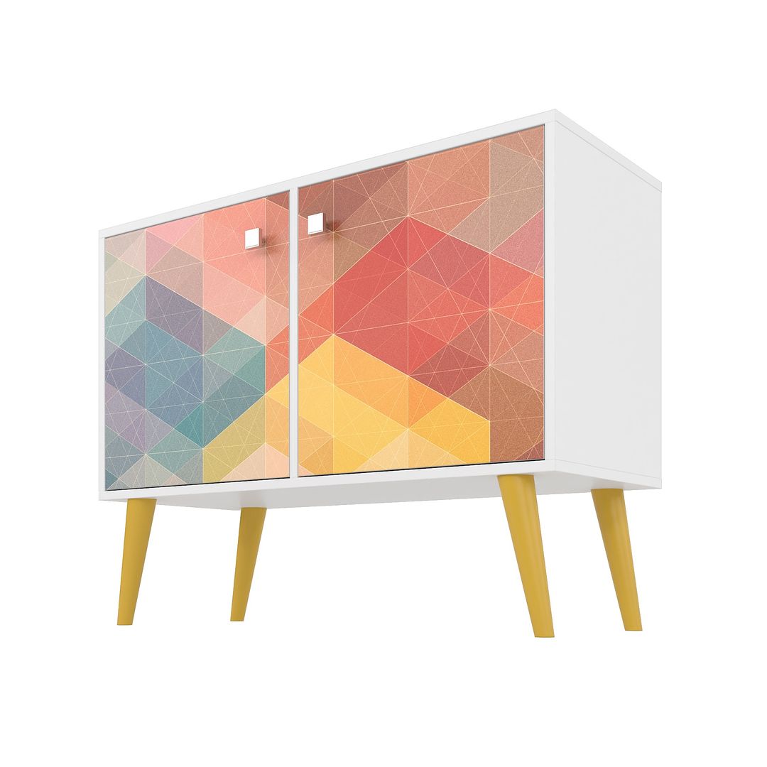 Manhattan Comfort Funky Avesta Side Table 2.0 With 3 Shelves In A White Frame With A Colorful Stamp Door & Yellow Feet