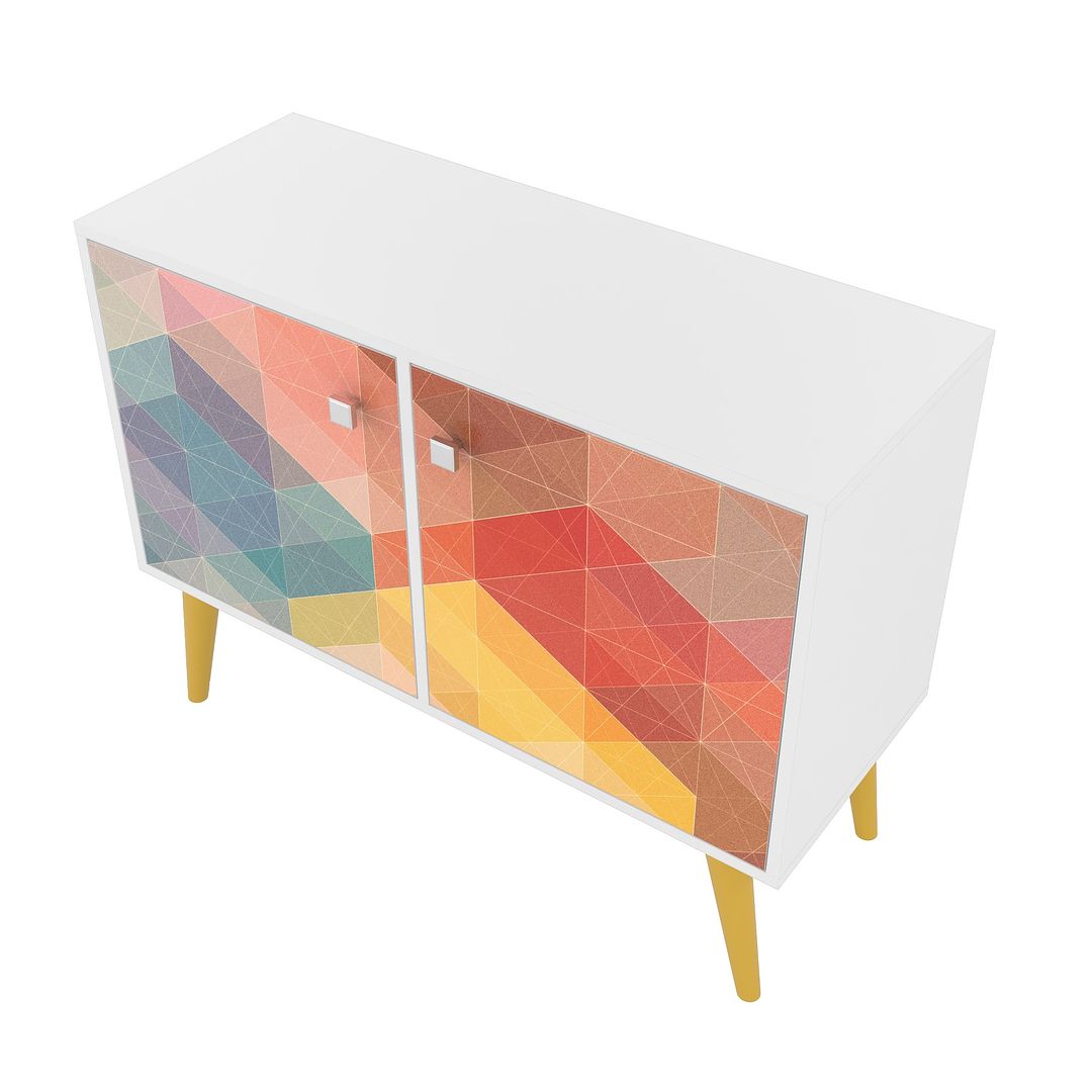 Manhattan Comfort Funky Avesta Side Table 2.0 With 3 Shelves In A White Frame With A Colorful Stamp Door & Yellow Feet