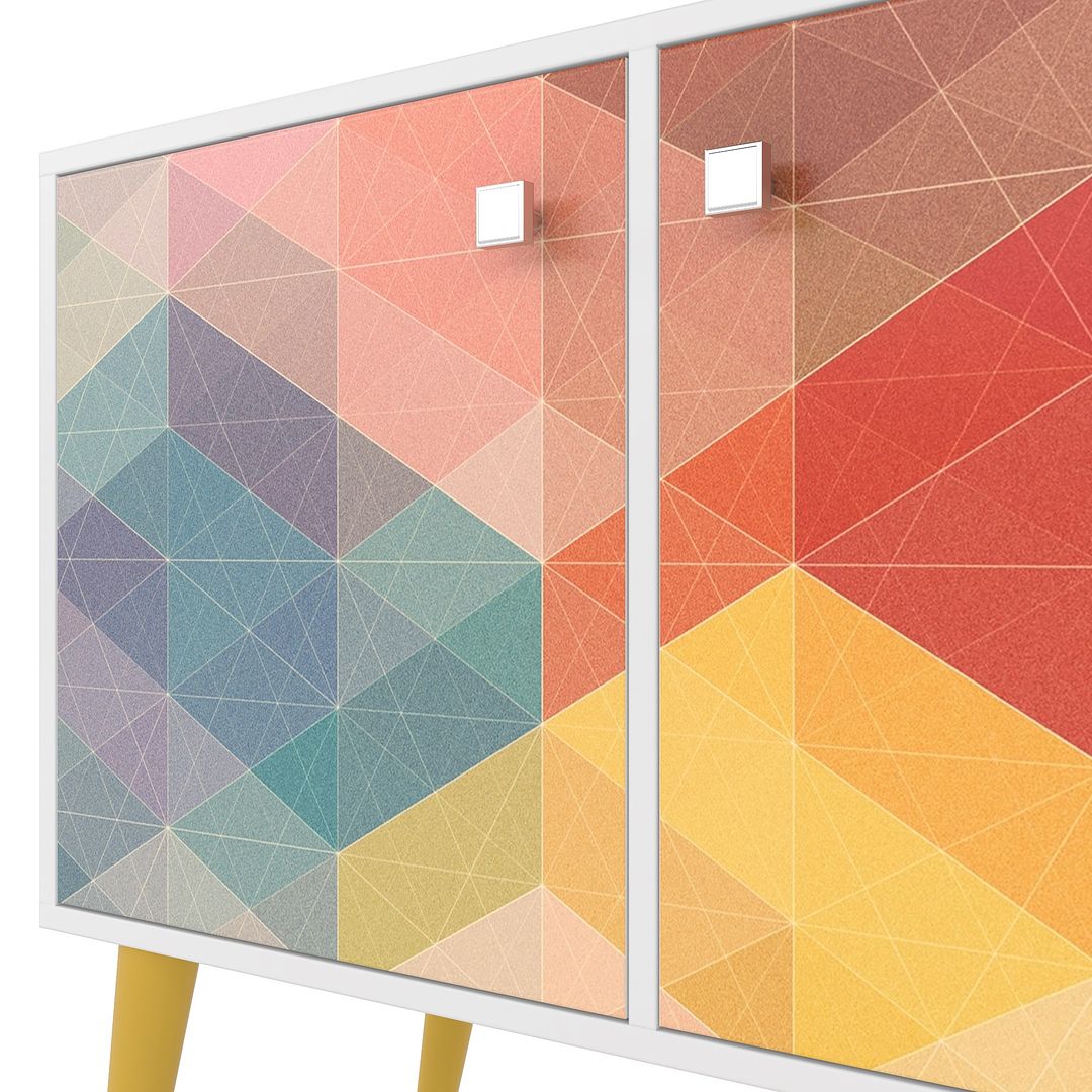 Manhattan Comfort Funky Avesta Side Table 2.0 With 3 Shelves In A White Frame With A Colorful Stamp Door & Yellow Feet