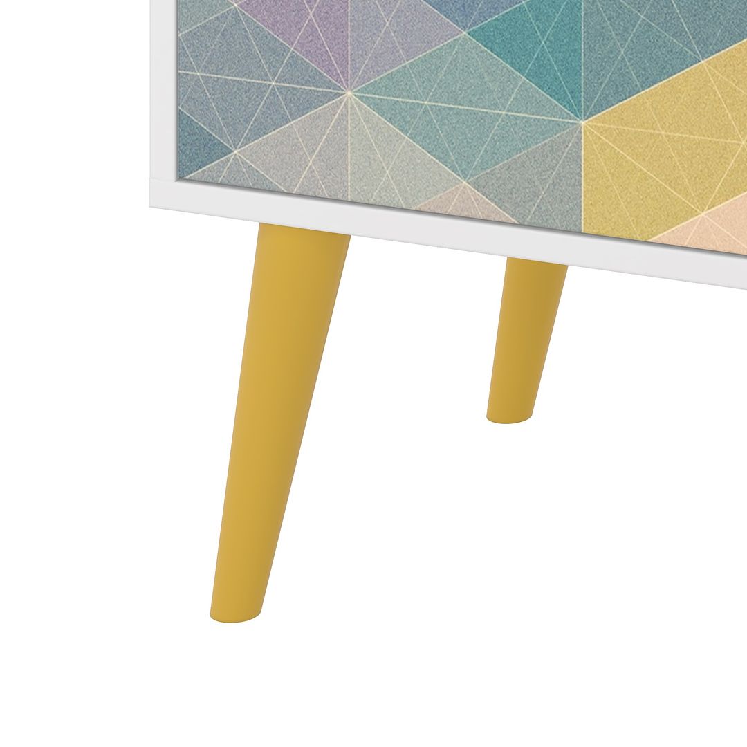 Manhattan Comfort Funky Avesta Side Table 2.0 With 3 Shelves In A White Frame With A Colorful Stamp Door & Yellow Feet