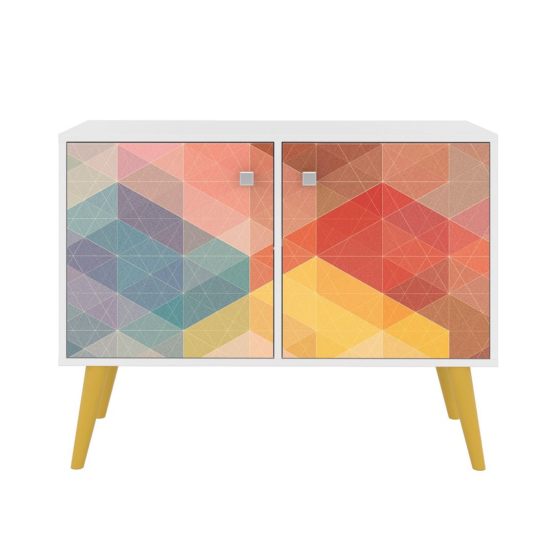 Manhattan Comfort Funky Avesta Side Table 2.0 With 3 Shelves In A White Frame With A Colorful Stamp Door & Yellow Feet