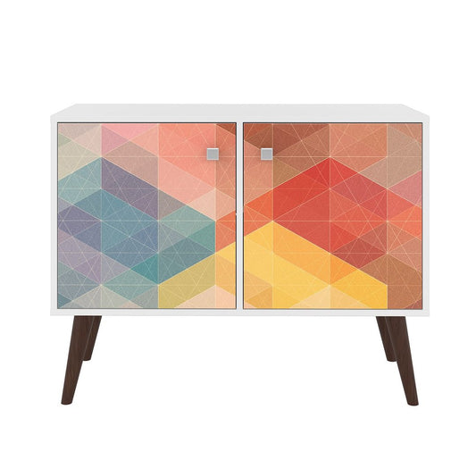 Manhattan Comfort Funky Avesta Side Table 2.0 With 3 Shelves In A White Frame With A Colorful Stamp Door