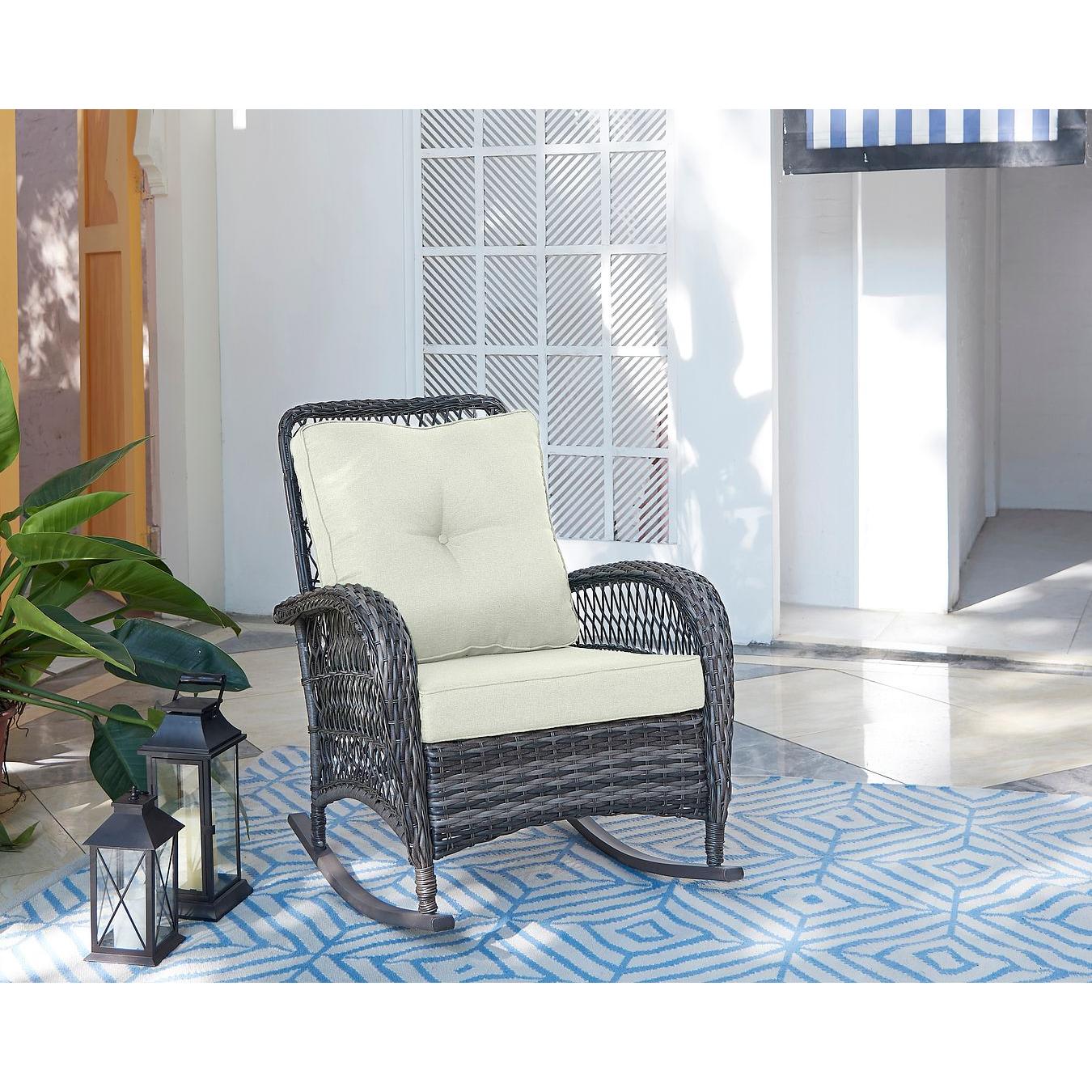 Manhattan Comfort Furttuo Steel Rattan Outdoor Rocking Chair With Cushions In Cream