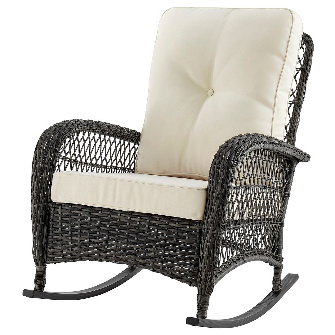 Manhattan Comfort Furttuo Steel Rattan Outdoor Rocking Chair With Cushions In Cream