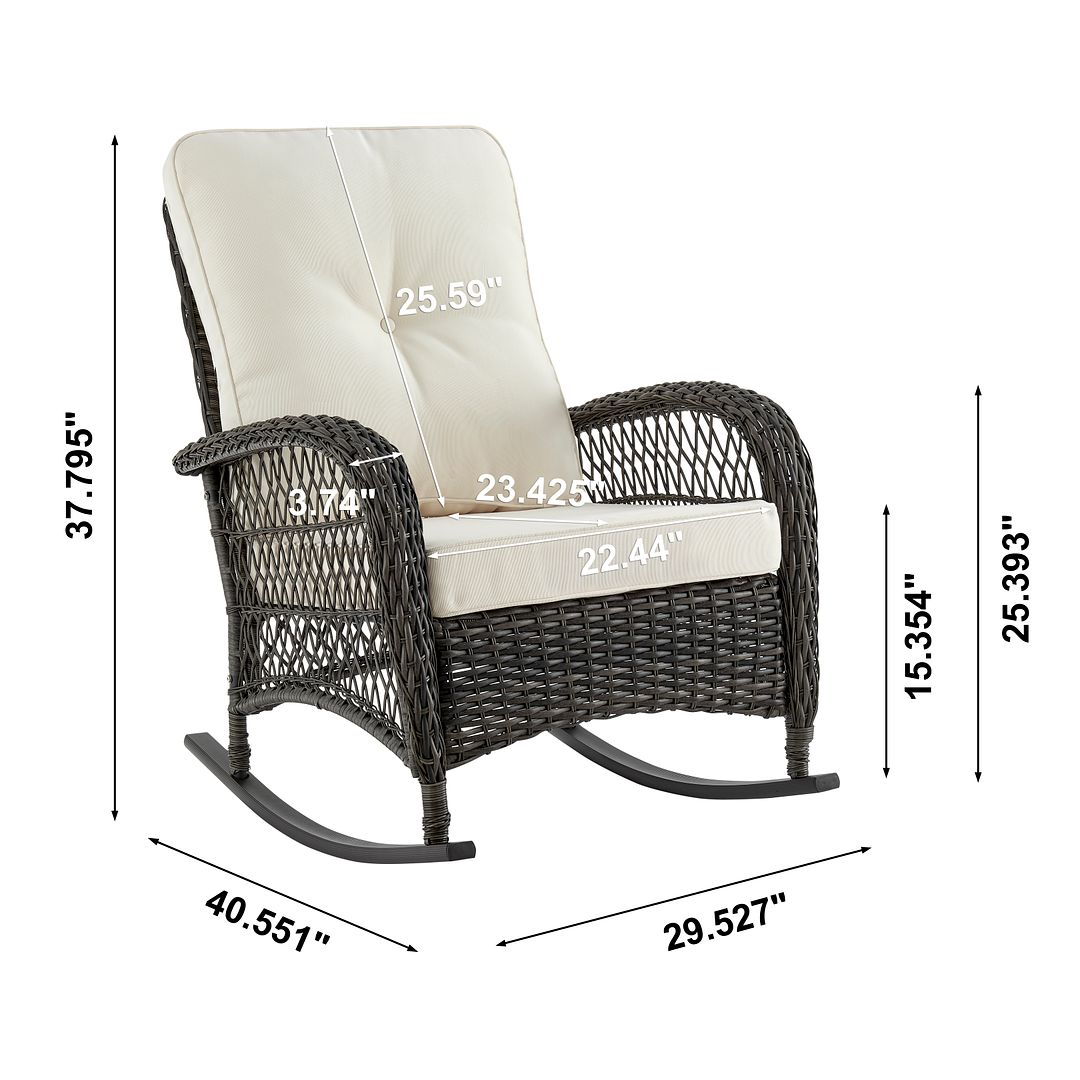 Manhattan Comfort Furttuo Steel Rattan Outdoor Rocking Chair With Cushions In Cream
