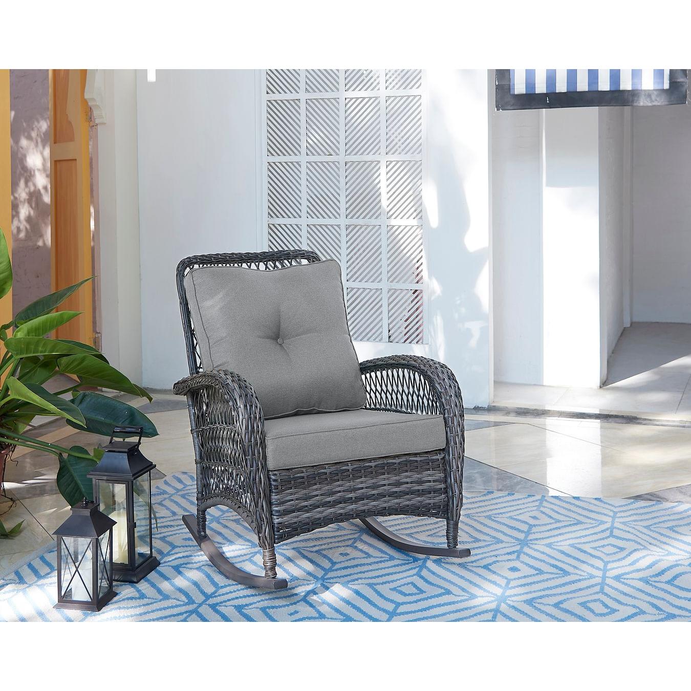Manhattan Comfort Furttuo Steel Rattan Outdoor Rocking Chair With Cushions In Gray