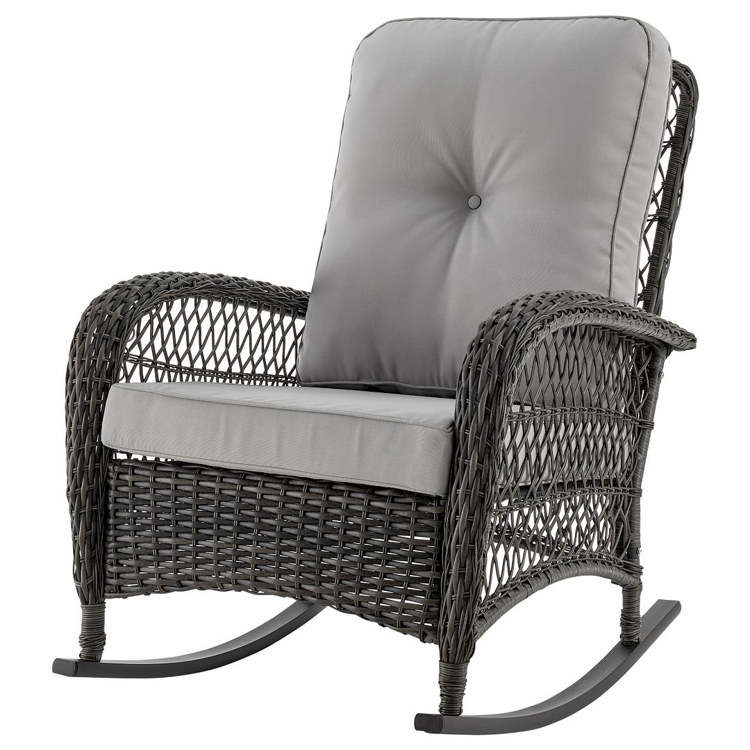 Manhattan Comfort Furttuo Steel Rattan Outdoor Rocking Chair With Cushions In Gray