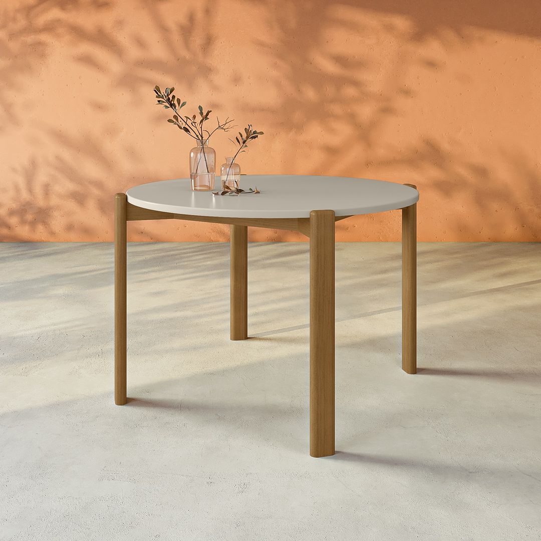 Manhattan Comfort Gales 47" Round Gloss Greige Dining Table With Solid Wooden Legs