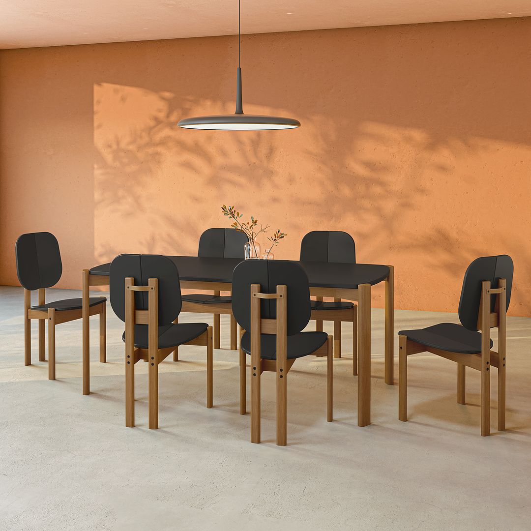 Manhattan Comfort Gales 7-Piece Black Dining Set With 1 Large Rectangular Dining Table & 6 Chairs