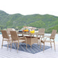 Manhattan Comfort Genoa 7-Piece Steel Rectangle Glass Top Outdoor Dining Table & 6 Armchairs Without Cushions In Nature Tan Weave