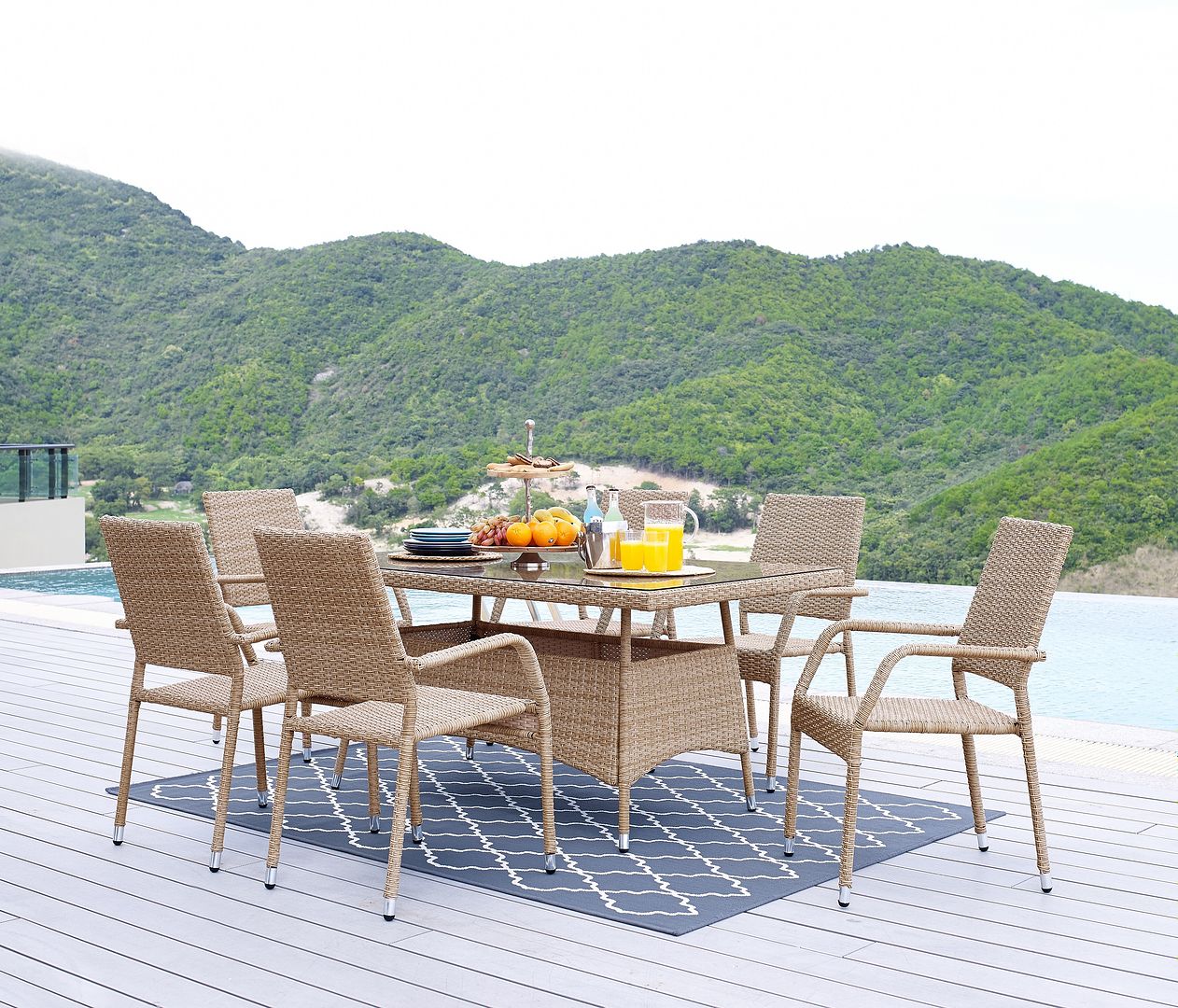 Manhattan Comfort Genoa 7-Piece Steel Rectangle Glass Top Outdoor Dining Table & 6 Armchairs Without Cushions In Nature Tan Weave