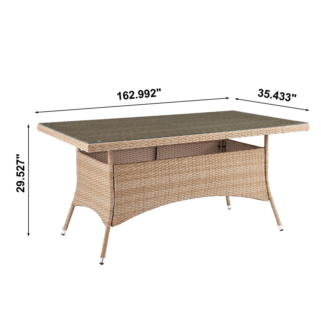 Manhattan Comfort Genoa 7-Piece Steel Rectangle Glass Top Outdoor Dining Table & 6 Armchairs Without Cushions In Nature Tan Weave