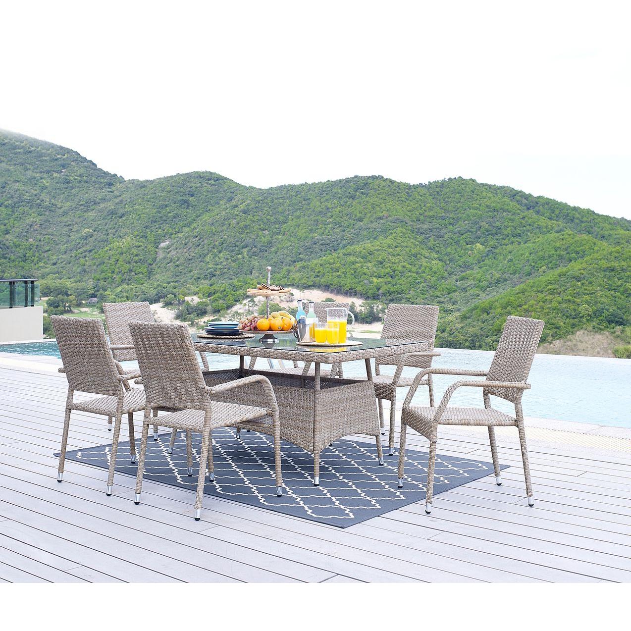 Manhattan Comfort Genoa Patio Dining Table with Glass Top In Nature Tan Weave