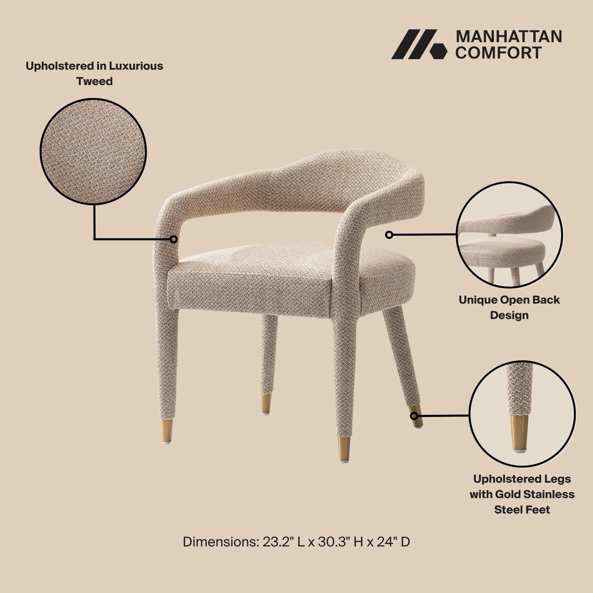 Manhattan Comfort Gold Dust Modern Aspen 2-Piece Tweed Dining Armchair