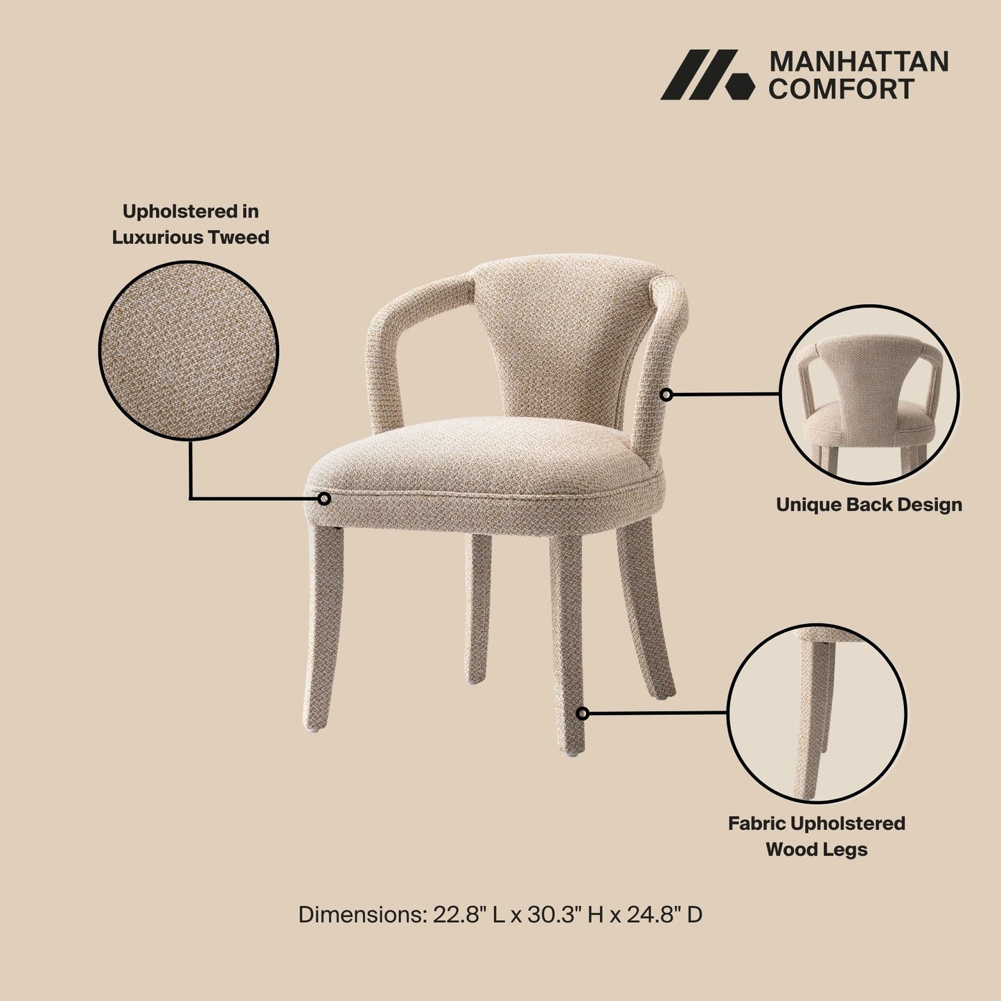Manhattan Comfort Gold Modern Palmer Tweed Dining Armchair In A Set Of 2